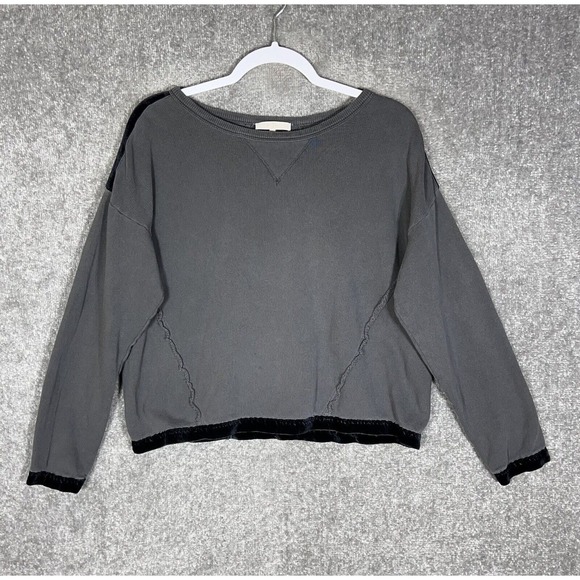 7 For All Mankind Velour Trim Raw‎ Seam Long Sleeve Knit Top Womens Size Medium - Picture 1 of 9
